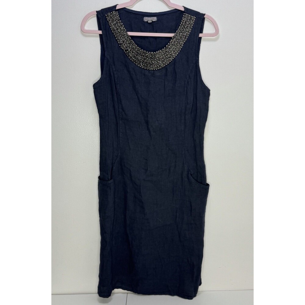 Lina Tomei Beaded Linen Dress Womens Sz M Navy Blue Made In Italy Pockets